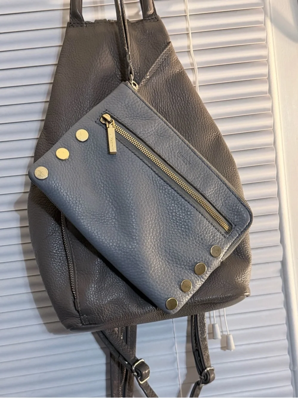 Hammitt Gray Pebbled Leather Wristlet with Gold Studs